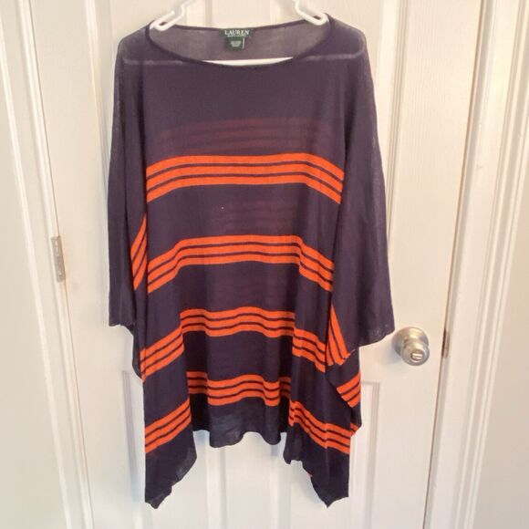 Ralph Lauren Poncho Cape Sweater Orange Navy Blue Dolman Sleeve Rugby Stripe - Picture 1 of 5